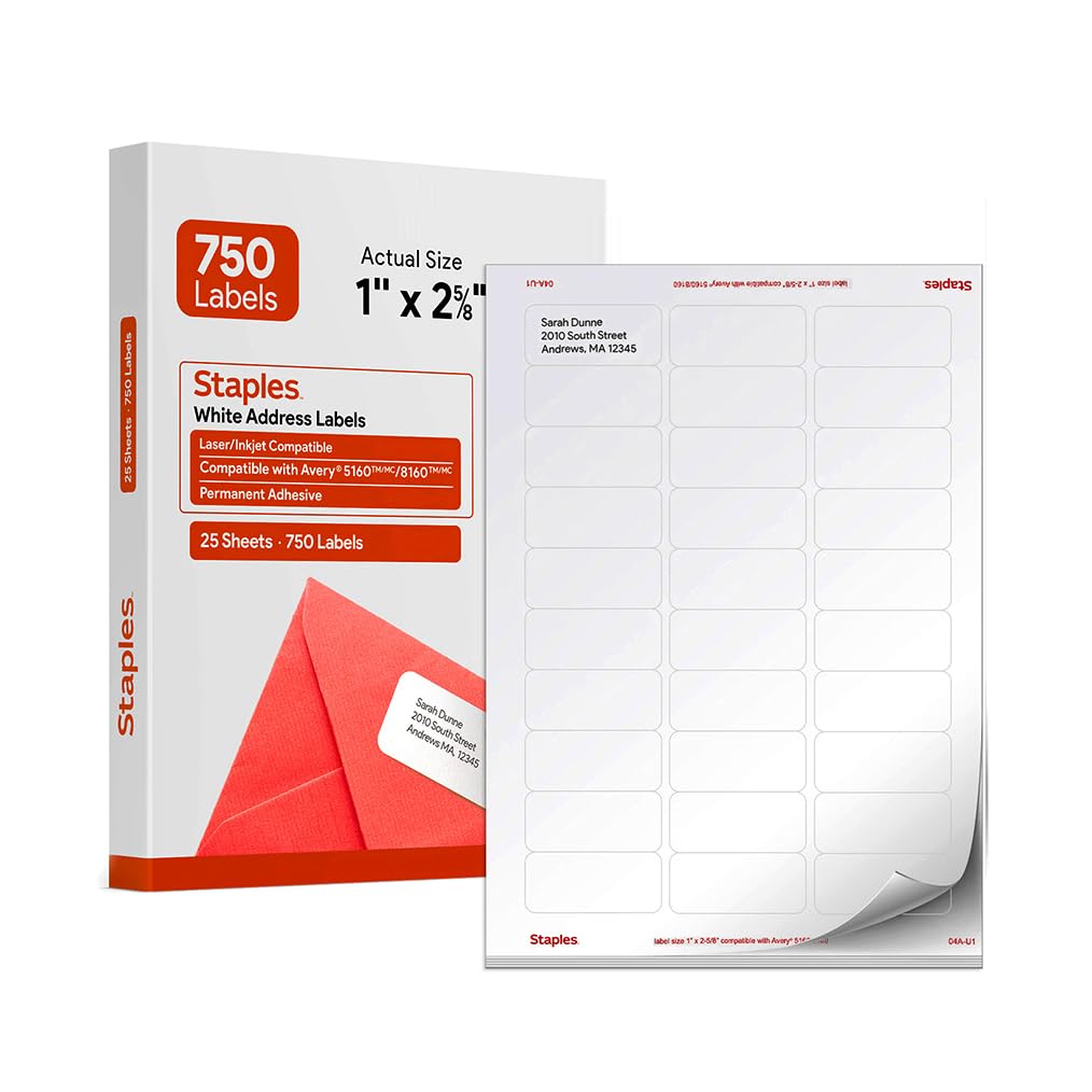STAPLES Label 18054 SIWJ100, 1*2.125 in, 750 Count