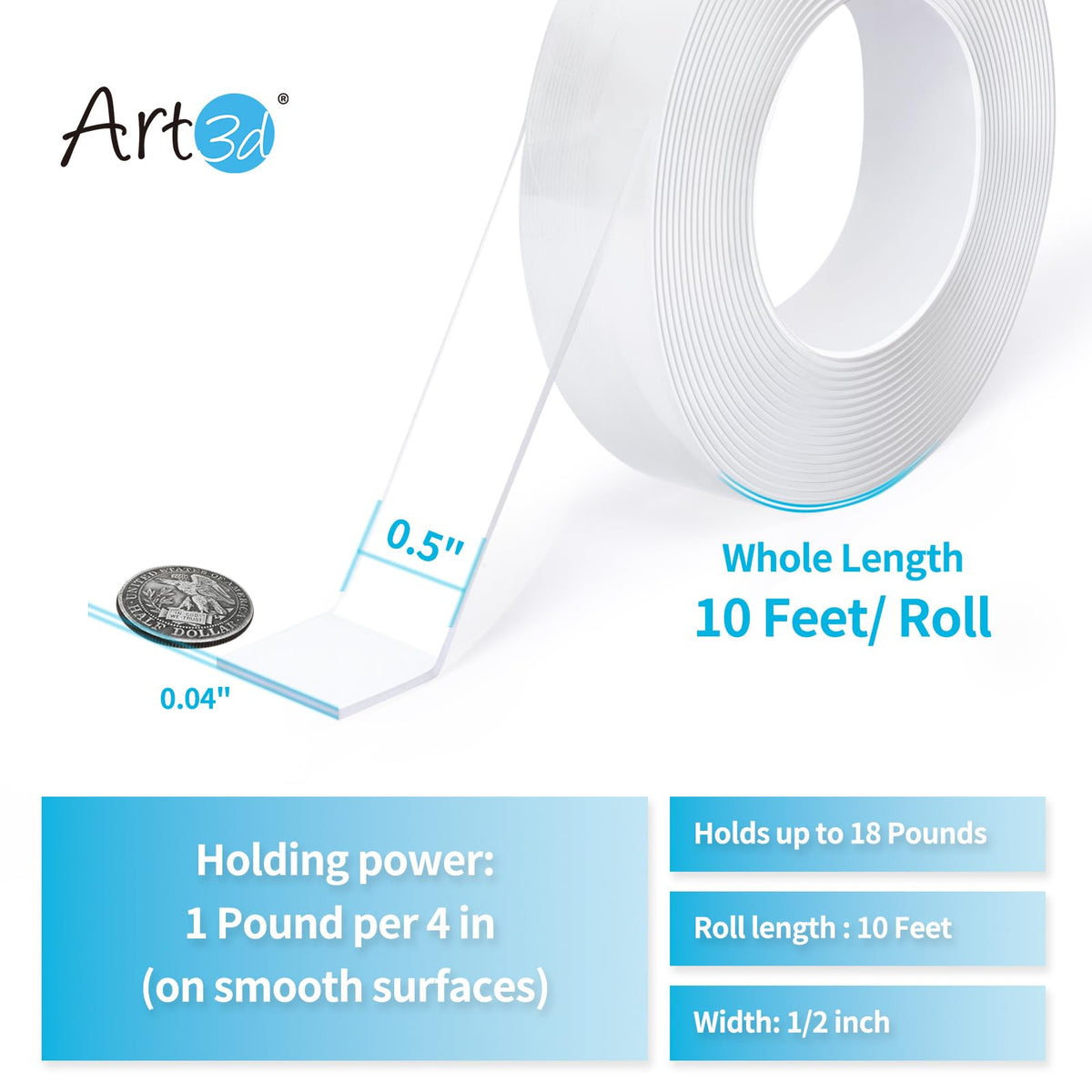 Art3d Adhesive Tapes S10111, 1/24" x 1/2" x 10' – view 2