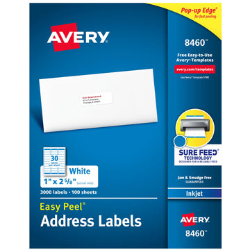 Avery Label 8460, 1" x 2-5/8", 3000 Count