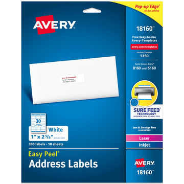 Avery Label 18160, 1" x 2-5/8", 300 Count