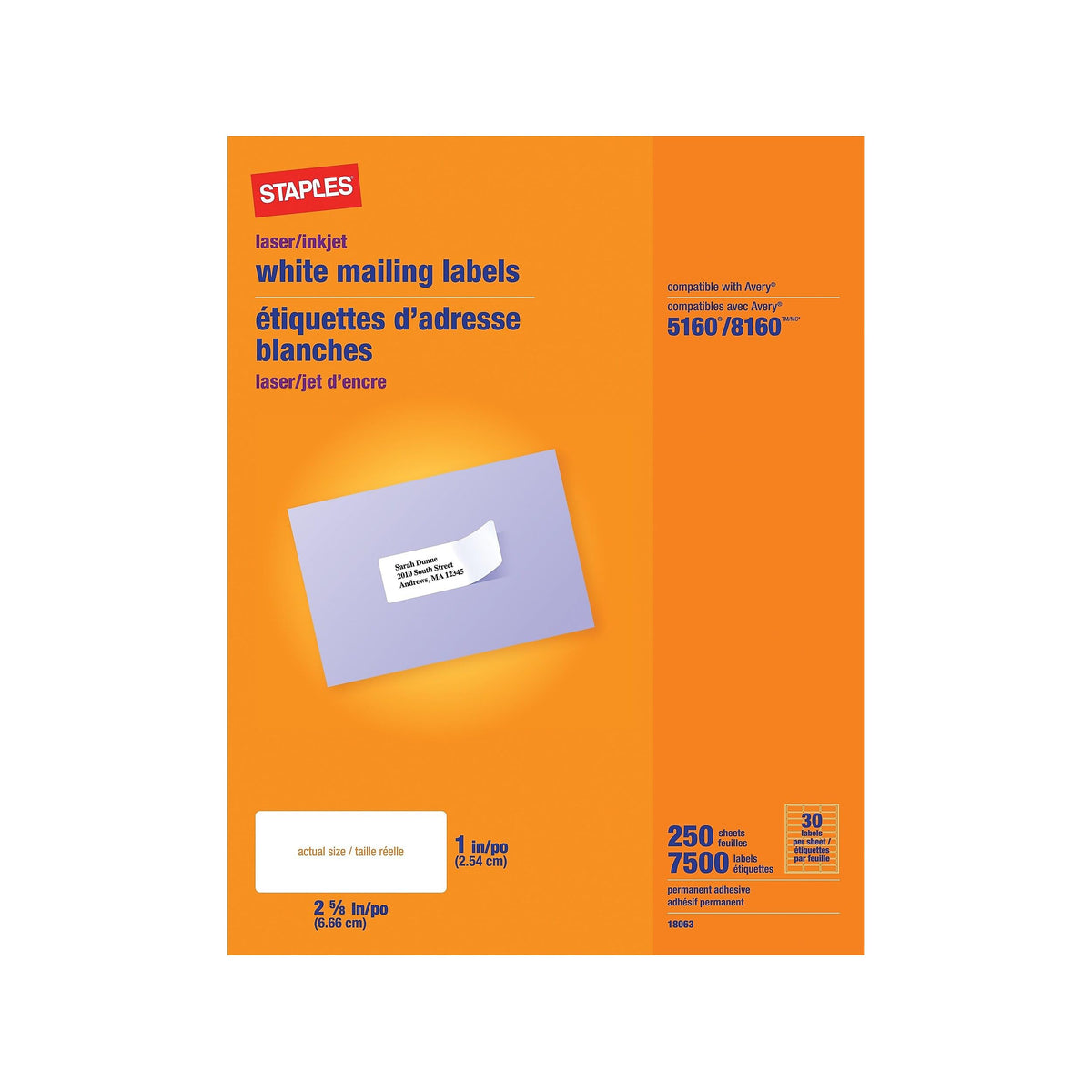 STAPLES Label 18063CT, 1"H x 2 5/8"W, 37500 Count