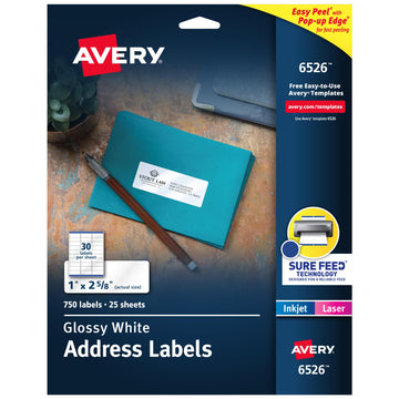 Avery Label 6526, 1" X 2-5/8", 750 Count