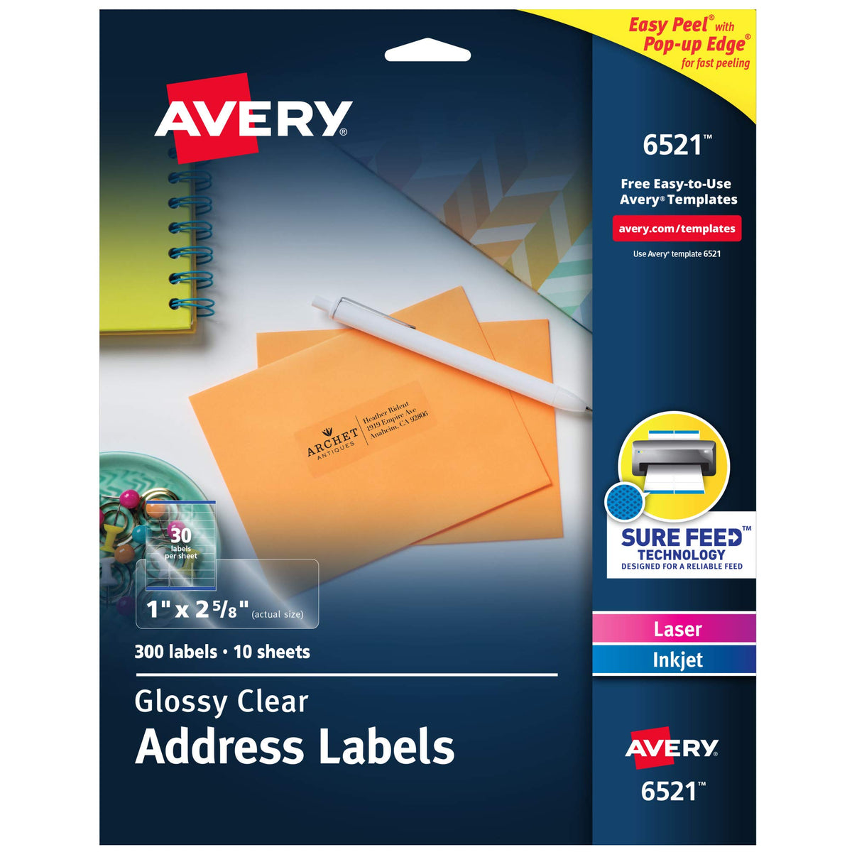 Avery Label 6521, 1" x 2-5/8", 300 Count