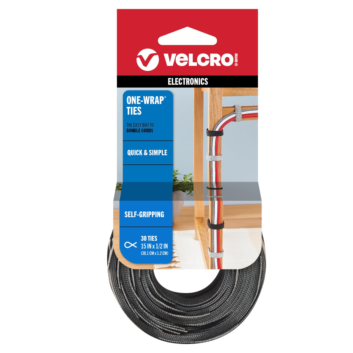 VELCRO Brand Cable Tie 94257, 15 x 1/2In - 30 Ties