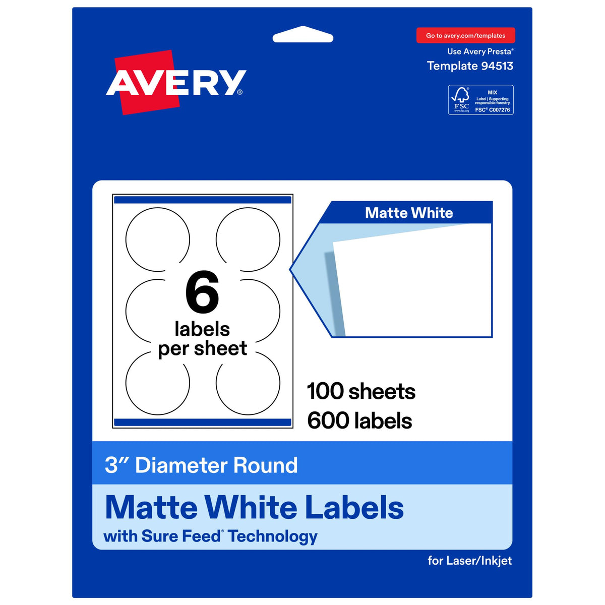 Avery Label 94513-WMP100, 3" Diameter, 600 Count