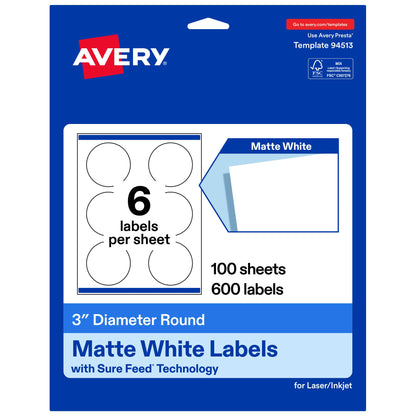 Avery Label 94513-WMP100, 3" Diameter, 600 Count