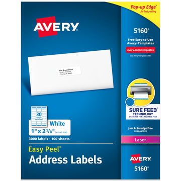 Avery Label 5160, 1" x 2-5/8", 3000 Count
