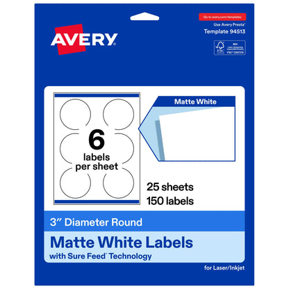 Avery Label 94513-WMP25, 3" Diameter, 150 Count