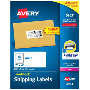 Avery Label 5963, 2" x 4", 2500 Count