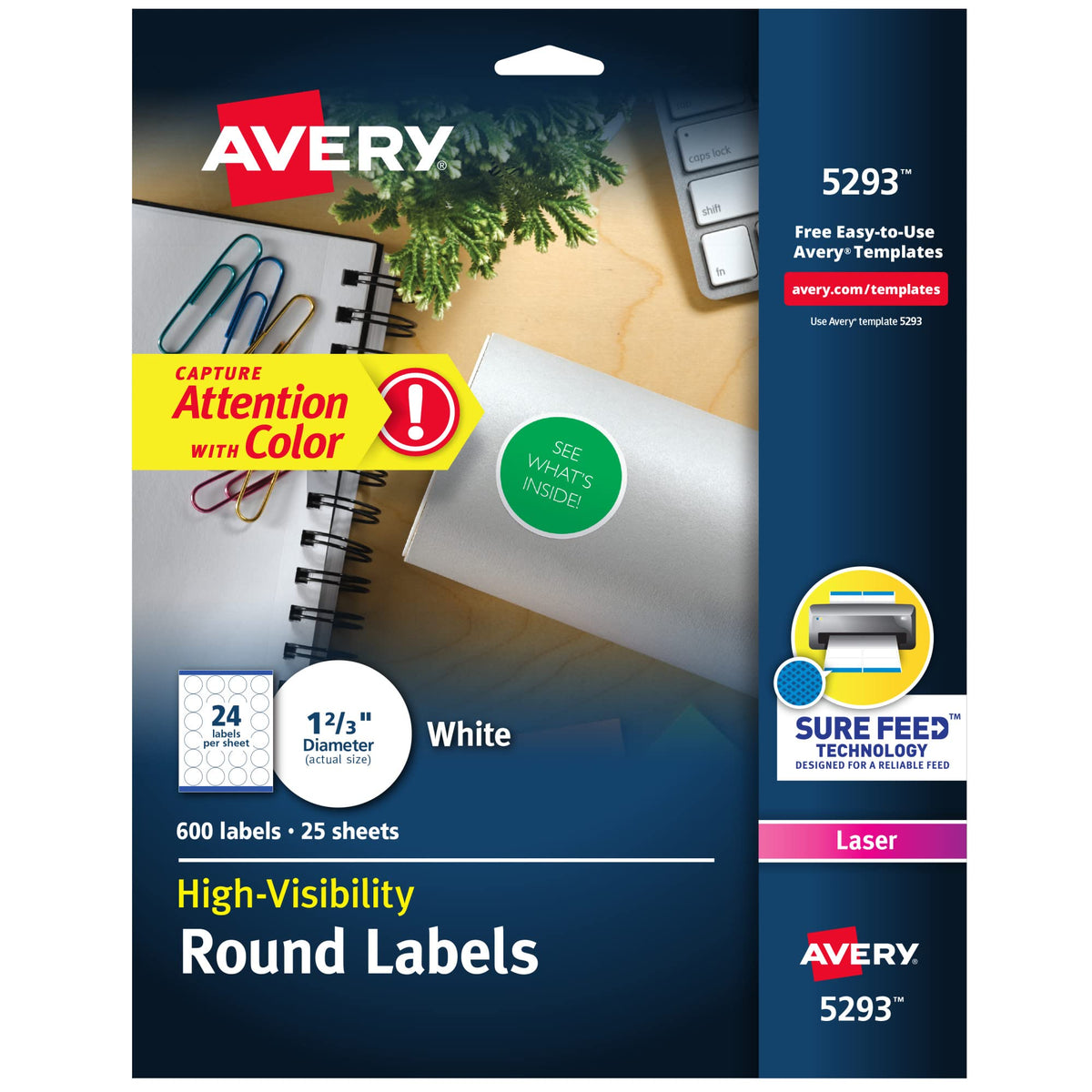Avery Label 5293, 1 2/3" diameter, 600 Count