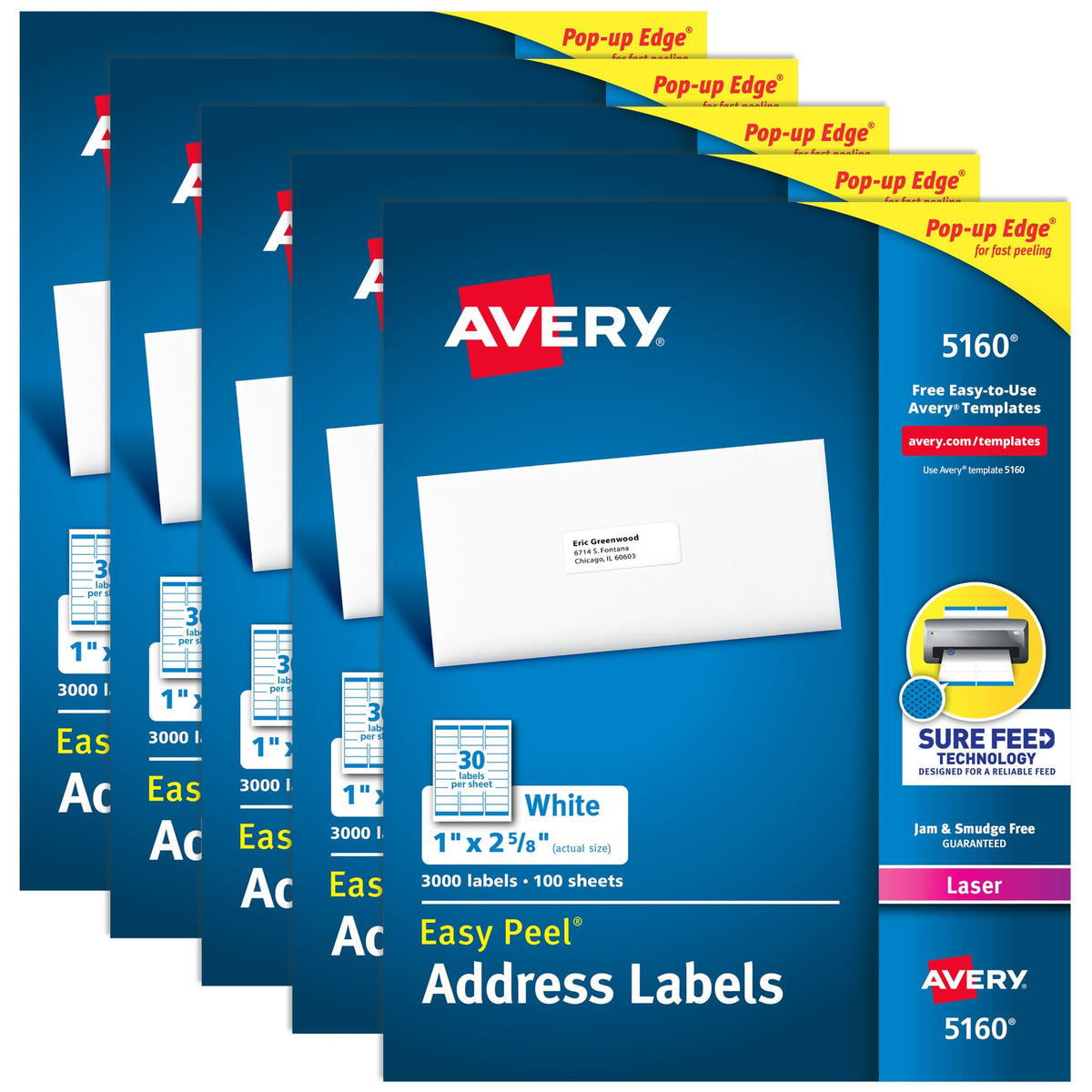 Avery Label 5160, 1" x 2-5/8" (Pack of 5), 15000 Count