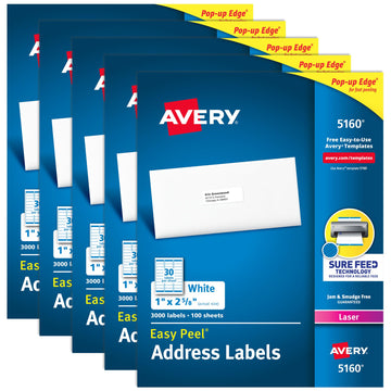 Avery Label 5160, 1" x 2-5/8" (Pack of 5), 15000 Count
