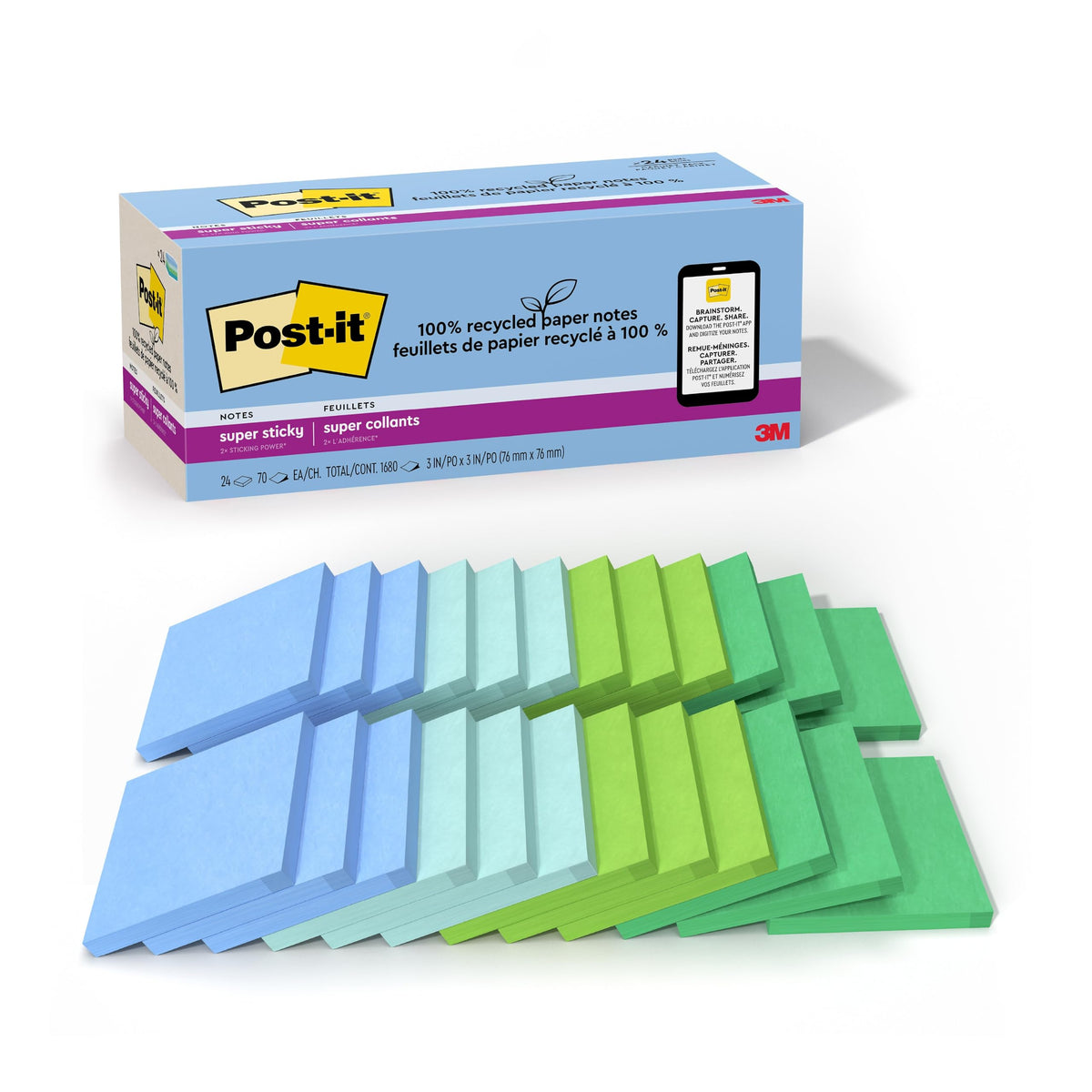 Post-it Self Stick Note 654R-24SST-CP, 3" x 3", 24 Count
