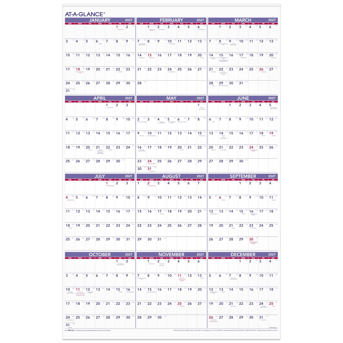 AT-A-GLANCE Calendar PM1228, 24"W x 36"H