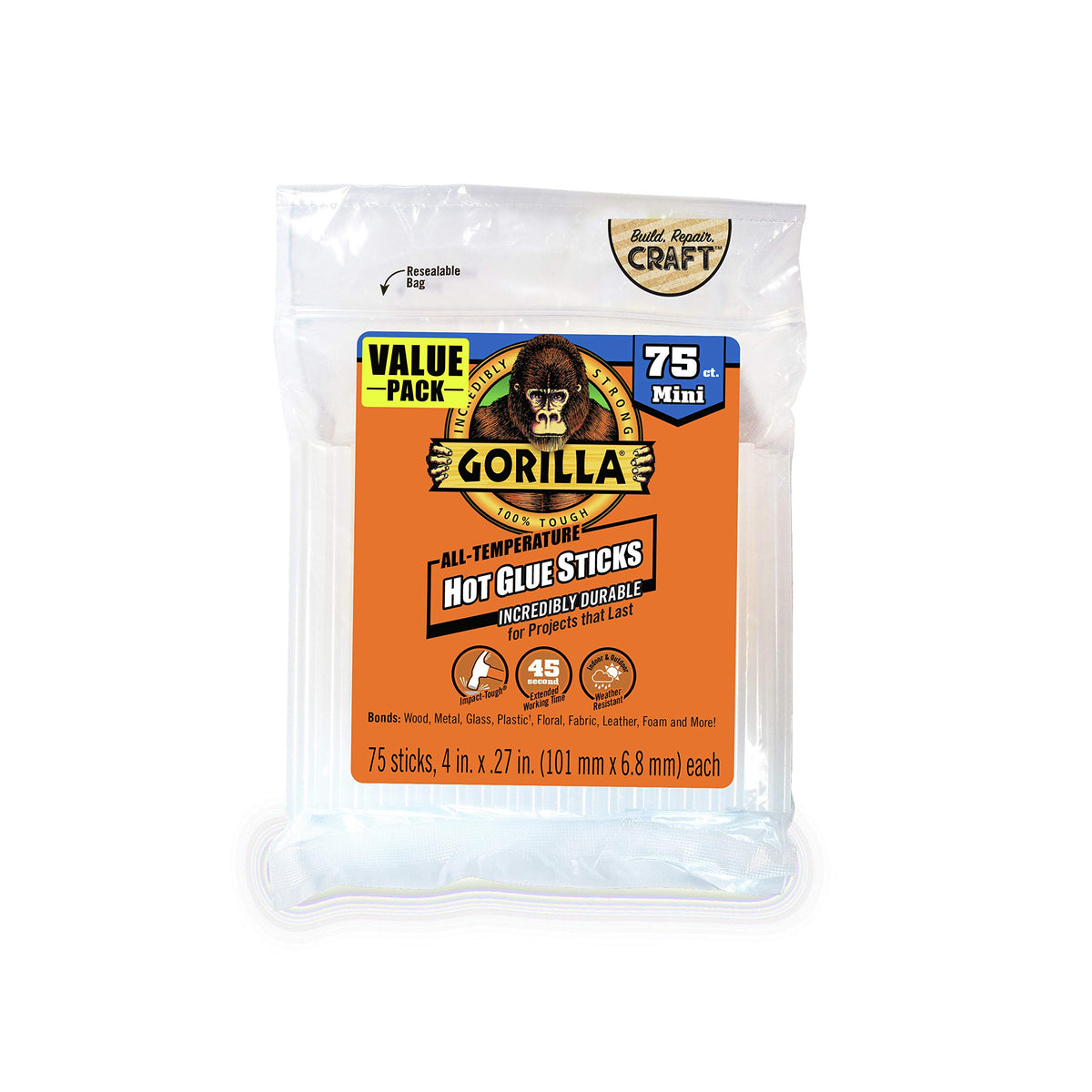 GORILLA Hot Glue Gun 3027502, 4" Sticks 75 Count